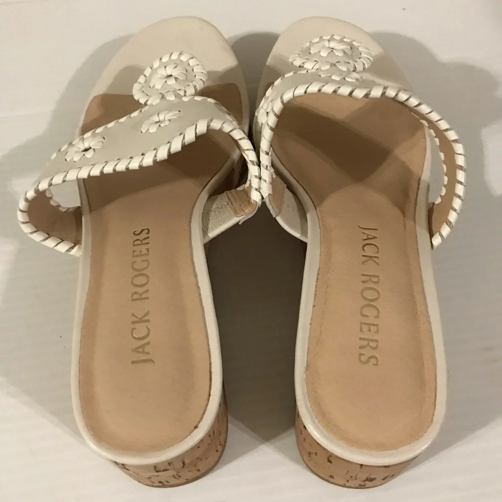 Nowt Jack Rogers White Leather Cork Wedge Sandals Whipstitch Thong Size 8.5M